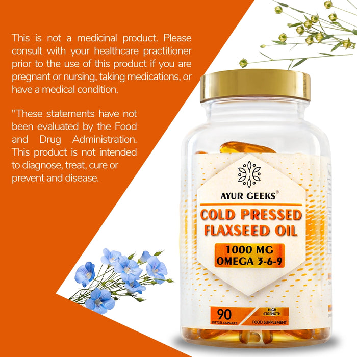 Ayurgeeks Cold Pressed Flaxseed Oil 1000mg - 90 Soft Gel Capsules