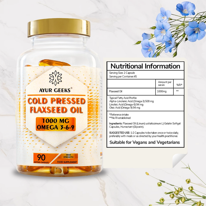 Ayurgeeks Cold Pressed Flaxseed Oil 1000mg - 90 Soft Gel Capsules